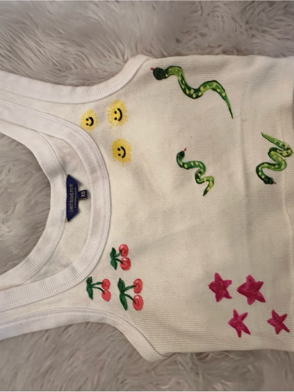 Urban Outfitters White Tank Top with Green Snakes, Pink Stars & Red Cherries